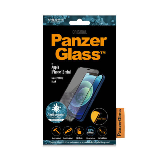 Стъклен протектор PanzerGlass за Apple Iphone 12 mini 5.4 CaseFriendly AntiBacterial - Черен, 117939