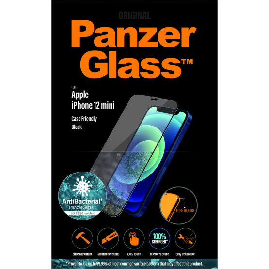 Стъклен протектор PanzerGlass за Apple Iphone 12 mini 5.4 CaseFriendly AntiBacterial - Черен, 117939