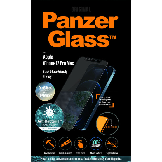 Стъклен протектор PanzerGlass за Apple Iphone 12 Pro Max 6.7 Privacy CamSlide AntiBacterial - Черен, 117938