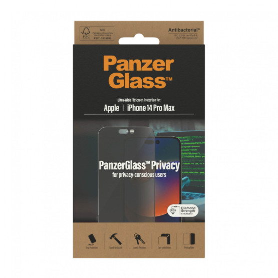 Стъклен протектор PanzerGlass за Apple Iphone 14 Pro Max, UWF Privacy,, Antibacterial - Черен