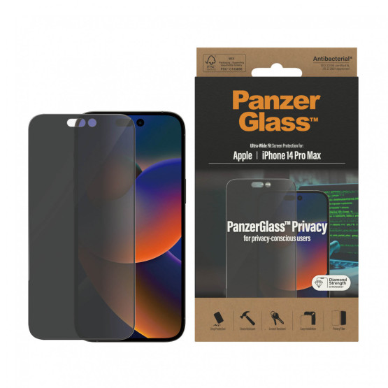 Стъклен протектор PanzerGlass за Apple Iphone 14 Pro Max, UWF Privacy,, Antibacterial - Черен