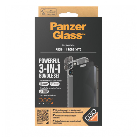 Стъклен протектор PanzerGlass за Apple iPhone 15 Pro UWF Privacy Bundle (UWF Privacy screen protector, HardCase, протектор за камера)