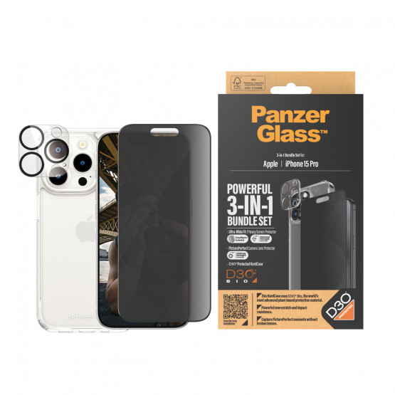 Стъклен протектор PanzerGlass за Apple iPhone 15 Pro UWF Privacy Bundle (UWF Privacy screen protector, HardCase, протектор за камера)