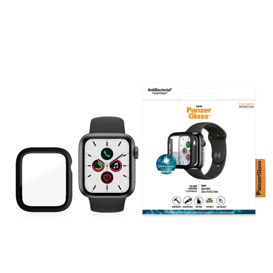 Стъклен протектор за часовник със силиконова рамка PanzerGlass за Apple watch Series 4/5/6/SE 40mm, AntiBacterial- Черна рамка, 118441