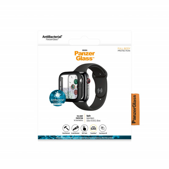 Стъклен протектор за часовник със силиконова рамка PanzerGlass за Apple watch Series 4/5/6/SE 40mm, AntiBacterial- Черна рамка, 118441