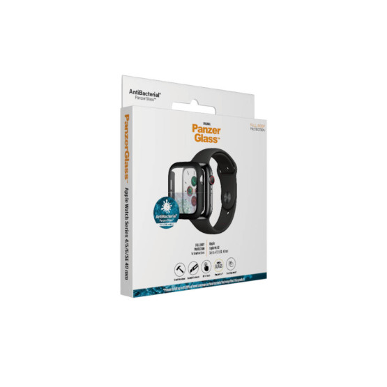 Стъклен протектор за часовник със силиконова рамка PanzerGlass за Apple watch Series 4/5/6/SE 40mm, AntiBacterial- Черна рамка, 118441