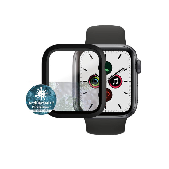 Стъклен протектор за часовник със силиконова рамка PanzerGlass за Apple watch Series 4/5/6/SE 40mm, AntiBacterial- Черна рамка, 118441