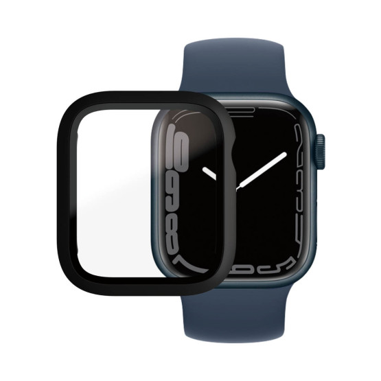 Стъклен протектор за часовник със силиконова рамка PanzerGlass за Apple watch Series 8 /Series 7, 45mm, AntiBacteria - Черна рамка
