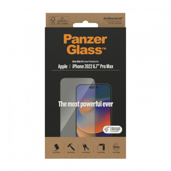 Стъклен протектор PanzerGlass за Apple Iphone 14 Pro Max, UWF, Antibacterial - Черен