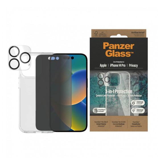 Стъклен протектор Privacy PanzerGlass iPhone 14 Pro Bundle (UWF Privacy screen protector, HardCase, протектор за камераt)
