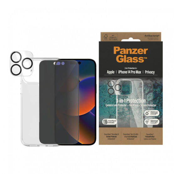 Стъклен протектор Privacy PanzerGlass iPhone 14 Pro Max Bundle (UWF Privacy screen protector, HardCase, протектор за камераt)