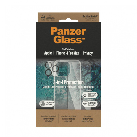 Стъклен протектор Privacy PanzerGlass iPhone 14 Pro Max Bundle (UWF Privacy screen protector, HardCase, протектор за камераt)