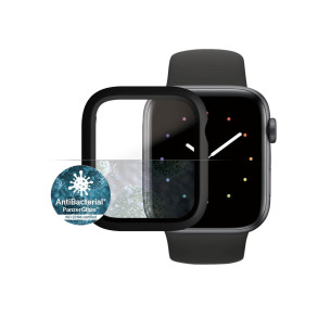 Стъклен протектор за часовник със силиконова рамка PanzerGlass за Apple watch Series 4/5/6/SE 44mm, AntiBacteria - Черна рамка, 118447