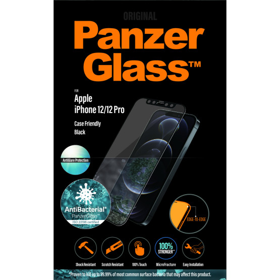 Стъклен протектор PanzerGlass за Apple Iphone 12 / 12 Pro AntiGlare, Antibacterial, CaseFriendly - Черен