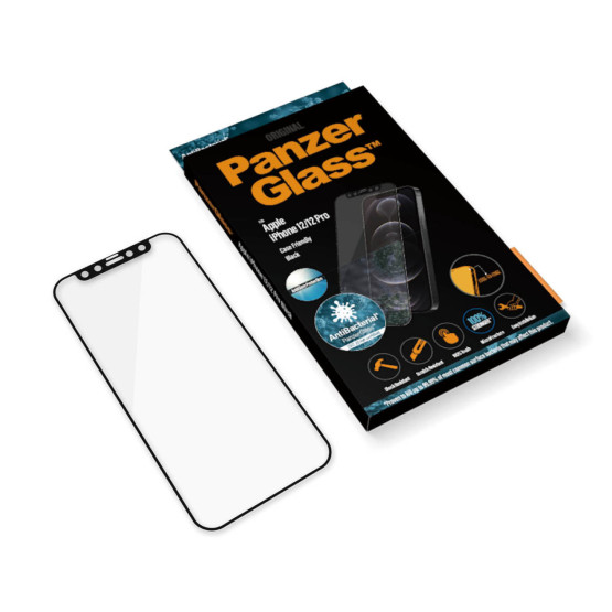 Стъклен протектор PanzerGlass за Apple Iphone 12 / 12 Pro AntiGlare, Antibacterial, CaseFriendly - Черен