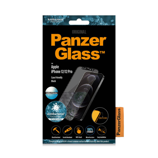 Стъклен протектор PanzerGlass за Apple Iphone 12 / 12 Pro AntiGlare, Antibacterial, CaseFriendly - Черен