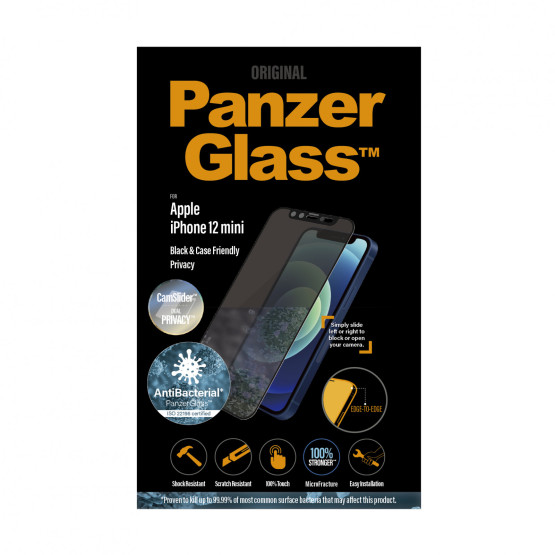 Стъклен протектор PanzerGlass за Apple Iphone 12 mini 5.4 Privacy CamSlider AntiBacterial - Черен, 117936