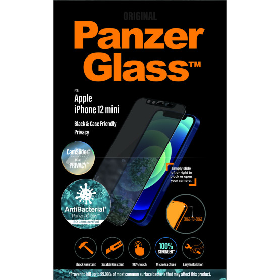 Стъклен протектор PanzerGlass за Apple Iphone 12 mini 5.4 Privacy CamSlider AntiBacterial - Черен, 117936