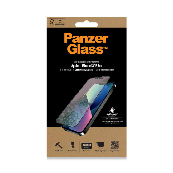 Стъклен протектор PanzerGlass за Apple Iphone 13 / 13 Pro 6.1 Anti-Bluelight, CaseFriendly, Antibacterial, Pro- Черен