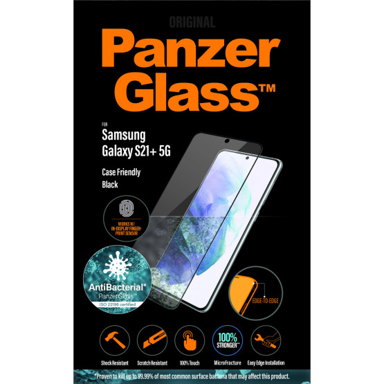 Стъклен протектор PanzerGlass за Samsung Galaxy S21 Plus FingerPrint, CaseFriendly, AntiBacterial - Черен, 118281