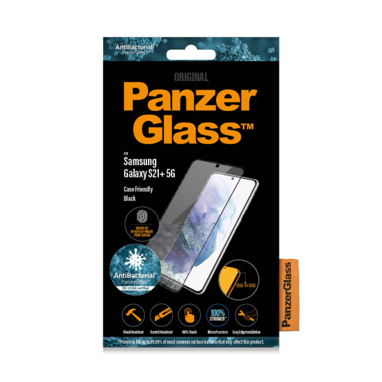 Стъклен протектор PanzerGlass за Samsung Galaxy S21 Plus FingerPrint, CaseFriendly, AntiBacterial - Черен, 118281