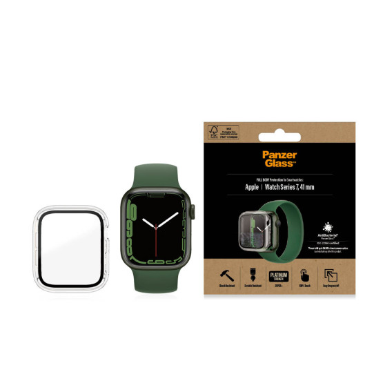 Стъклен протектор за часовник със силиконова рамка PanzerGlass за Apple watch Series 7, 41 mm, AntiBacteria - Прозрачна рамка, 119588