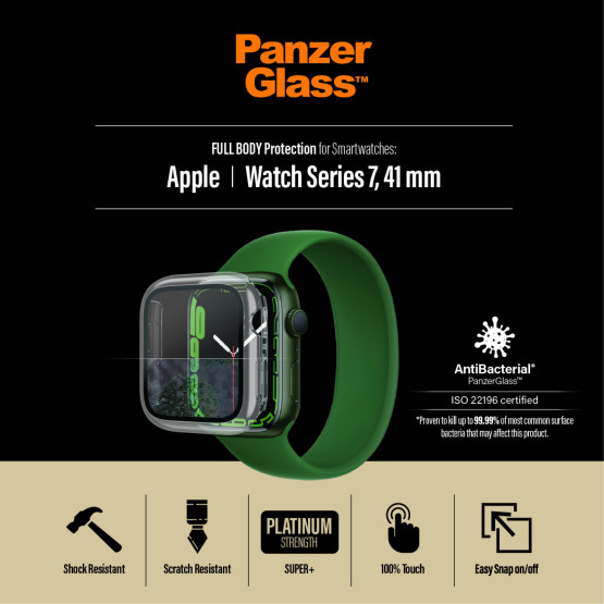 Стъклен протектор за часовник със силиконова рамка PanzerGlass за Apple watch Series 7, 41 mm, AntiBacteria - Прозрачна рамка, 119588