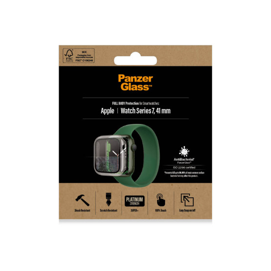Стъклен протектор за часовник със силиконова рамка PanzerGlass за Apple watch Series 7, 41 mm, AntiBacteria - Прозрачна рамка, 119588