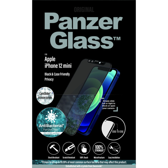 Стъклен протектор PanzerGlass за Apple Iphone 12 mini, Privacy, CaseFriendly, CamSlaider, Swarovski - Черен