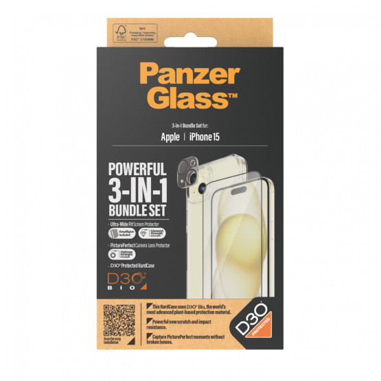 Стъклен протектор PanzerGlass за Apple iPhone 15 UWF Bundle (UWF screen protector, HardCase, протектор за камера)
