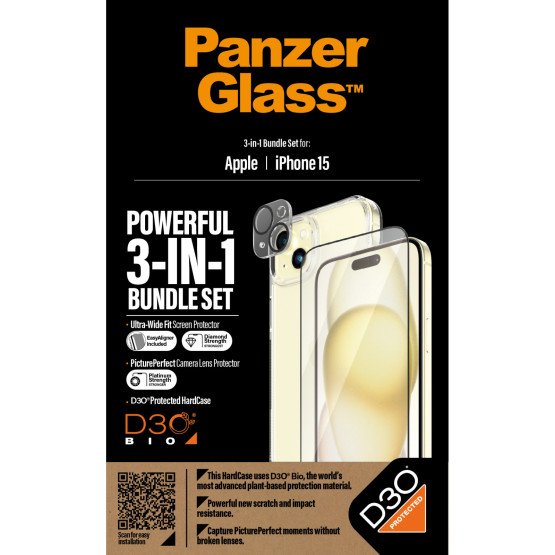 Стъклен протектор PanzerGlass за Apple iPhone 15 UWF Bundle (UWF screen protector, HardCase, протектор за камера)