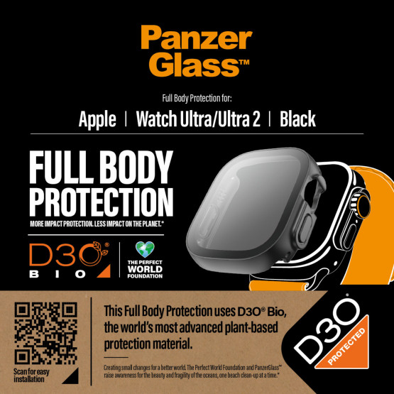 Стъклен протектор за часовник със силиконова рамка PanzerGlass за Apple watch Ultra, 49mm, D3O Bio- Черна рамка