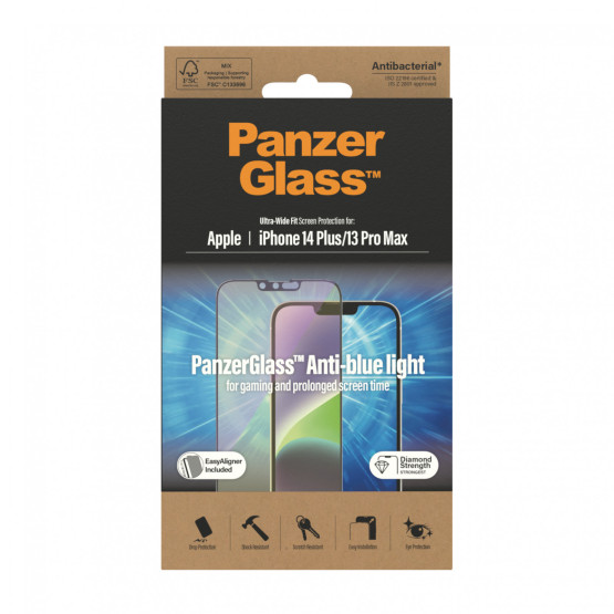 Стъклен протектор PanzerGlass за Apple Iphone 14 Plus, 13 Pro Max Anti-Bluelight, CaseFriendly, Antibacterial, Черен