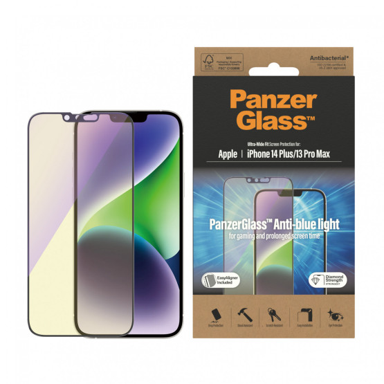 Стъклен протектор PanzerGlass за Apple Iphone 14 Plus, 13 Pro Max Anti-Bluelight, CaseFriendly, Antibacterial, Черен