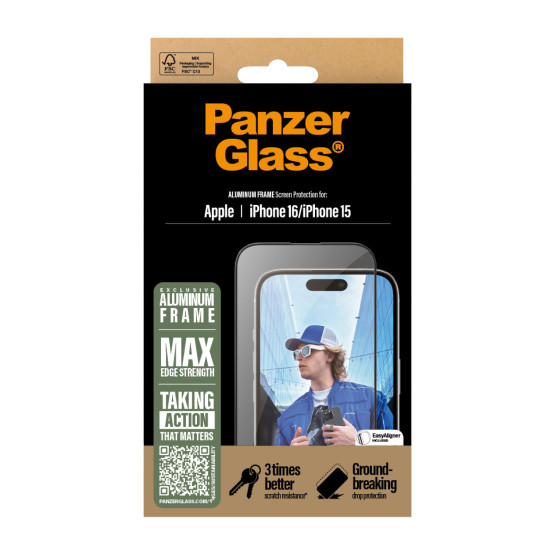 Стъклен протектор PanzerGlass за iPhone 16, 15, Aluminum Frame, Ultra-Wide Fit