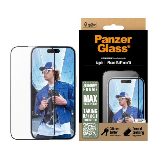 Стъклен протектор PanzerGlass за iPhone 16, 15, Aluminum Frame, Ultra-Wide Fit