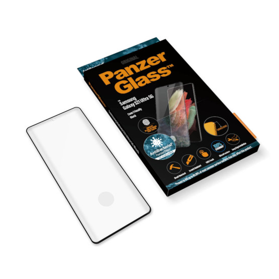 Стъклен протектор PanzerGlass за Samsung Galaxy S21 Ultra FingerPrint, CaseFriendly, AntiBacterial - Черен, 118282