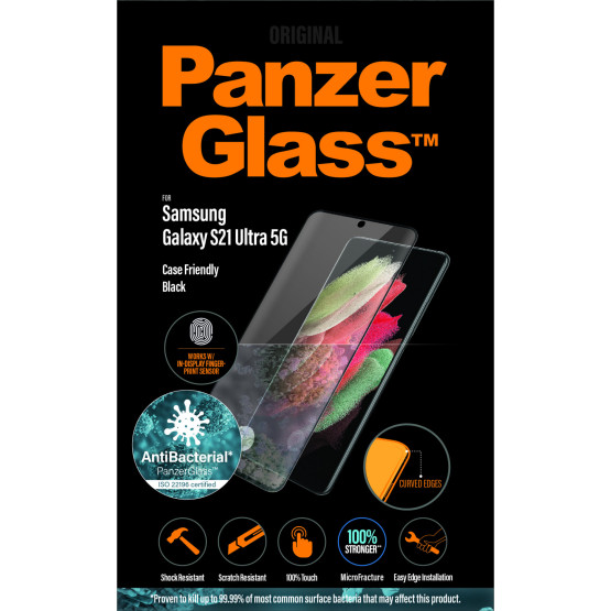 Стъклен протектор PanzerGlass за Samsung Galaxy S21 Ultra FingerPrint, CaseFriendly, AntiBacterial - Черен, 118282