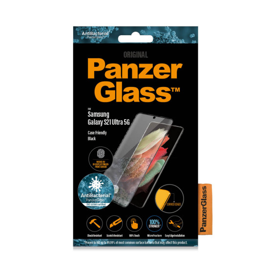 Стъклен протектор PanzerGlass за Samsung Galaxy S21 Ultra FingerPrint, CaseFriendly, AntiBacterial - Черен, 118282