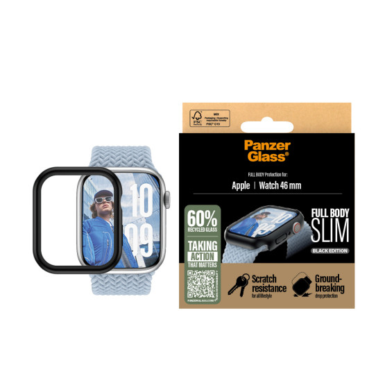 Стъклен протектор за часовник PanzerGlass за Apple Watch 46mm, Snappie Full Body Slim - Черен