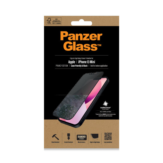 Стъклен протектор PanzerGlass за Apple Iphone 13 mini, Privacy, CaseFriendly, Antibacterial - Черен