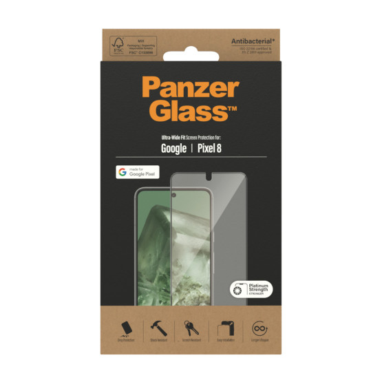 Стъклен протектор PanzerGlass за Google Pixel 8, UWF, Antibacterial - Черен