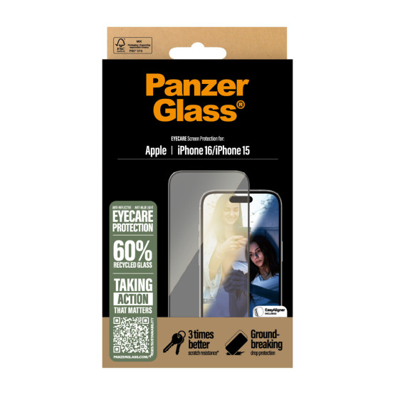 Стъклен протектор PanzerGlass за iPhone 16, 15, EyeCare, Ultra-Wide Fit
