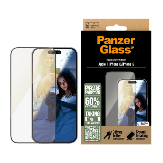 Стъклен протектор PanzerGlass за iPhone 16, 15, EyeCare, Ultra-Wide Fit