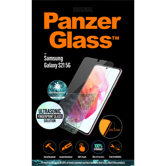 Стъклен протектор PanzerGlass за Samsung Galaxy S21 Ultrasonic FingerPrint, AntiBacterial - Черен