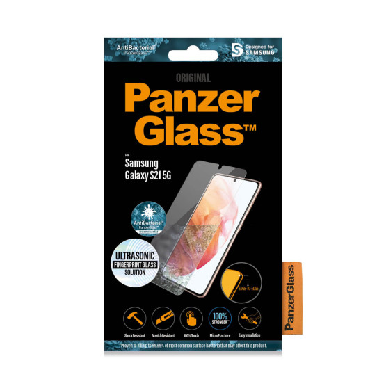 Стъклен протектор PanzerGlass за Samsung Galaxy S21 Ultrasonic FingerPrint, AntiBacterial - Черен