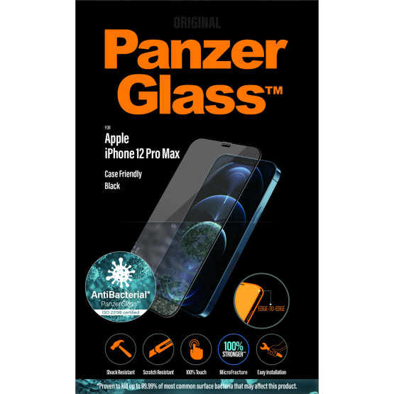 Стъклен протектор PanzerGlass за Apple Iphone 12 Pro Max 6.7 CaseFriendly AntiBacterial - Черен, 117941
