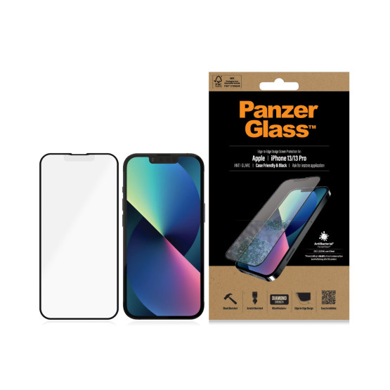 Стъклен протектор PanzerGlass за Apple Iphone 13 / 13 Pro 6.1 AntiGlare, CaseFriendly, Antibacterial, Pro- Черен