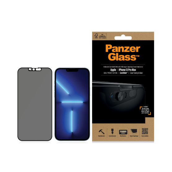 Стъклен протектор PanzerGlass за Apple Iphone 13 Pro Max CamSlider,Privacy, CaseFriendly, Antibacterial - Черен