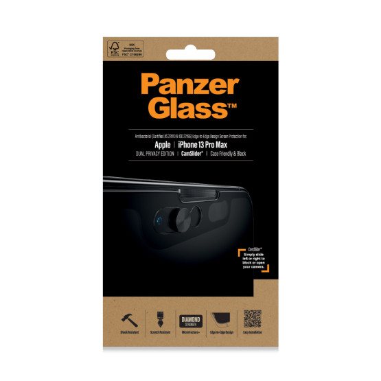 Стъклен протектор PanzerGlass за Apple Iphone 13 Pro Max CamSlider,Privacy, CaseFriendly, Antibacterial - Черен